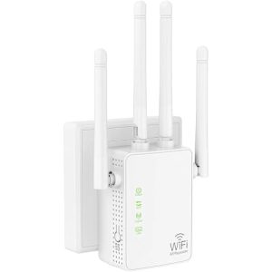 AILKIN Répéteur WiFi, 1200Mbps Double Bande 2.4G/5G Extension Wi-FI, 4 Antenne Amplificateur Wi-FI, Internet Enhancer pour Le Bureau et la Maison - 2 Port Ethernet Améliorer Le Signal réseau
