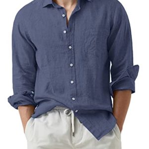 APOONABA Chemise Homme Lin Chemise Manches Longues Shirts Business Coton Chemises Casual Couleur Unie Homme Chemise avec Poche Printemps été Bleu S