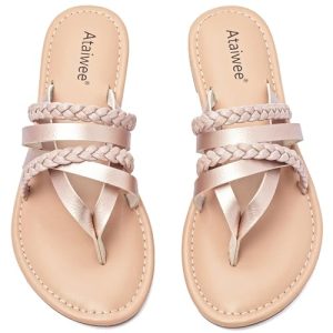 Ataiwee Sandales plates pour femme – Sandales plates classiques souples à bout tressé pour femme.(1908023,GD/MF,42)