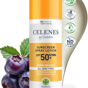 Celenes by Sweden Spray Solaire à Base de Plantes SPF50+ | Protection Minérale et Organique&Tous Types de Peau | Spray Solaire 50 | Creme Solaire Spray Résistant à l'Eau, Sans Parabènes&Alcool — 150ml