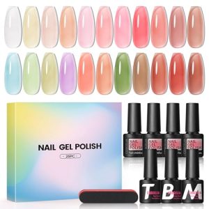 COSCELIA 25pcs Vernis Semi Permanent Jelly Base et Top coat, 22 Couleurs Transparent Gelée Lot de Vernis à Ongles Gels Série Transparente Blanc Nude Rose Sèche sous Lampe UV/LED