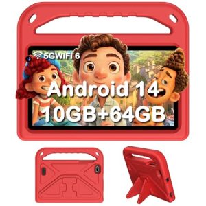 DMOAO Tablette Enfants 7 Pouces, Tablette Android 14 avec 5G Wi-FI 6, 10Go RAM+64Go ROM(TF 1To), Tablette Tactile Octa-Core, Widevine L1, 3500mAh, Contrôle Parental Tablette Enfant avec EVA Cas, Red