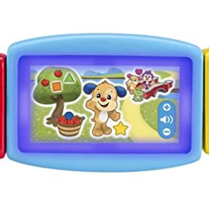 Fisher-Price Rires et Éveil Ma Tourni-Console d’Apprentissages, jouet interactif, console de jeu portable factice, jouet lumineux et musical, Jouet Éveil, Dès 9 mois, Version: UK-Anglais , HNM83