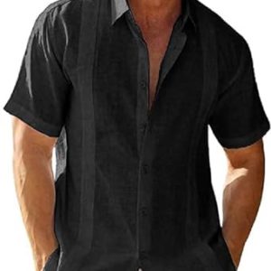 Friptspyg Hommes Chemise Lin Coton Manches Courtes Chemise de Plage Regular Fit Guayabera Camp Cubaine Chemises L'été, Noir M