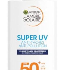 GARNIER Ambre Solaire - Fluide Visage Protecteur - Haute Protection Solaire - FPS 50+ - Protège des UVA, UVB & UVA Longs - Anti-Taches & Pollution - Acide Hyaluronique - Peaux Sensibles - 40 ml