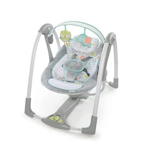 Ingenuity - Balançoire portable Swing 'n Go - Hugs and Hoots, 5 vitesses de swing, 8 mélodies apaisantes, barre à jouets amovible, nouveau-né et plus, gris