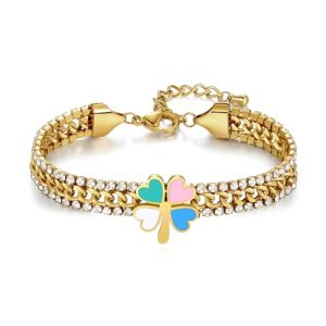 Joo&Rind Bracelet Femme Bijoux Cadeaux, Bracelet Pendentif Trèfle à Quatre Feuilles, Acier Inoxydable Plaqué Or 18 Carats Bracelet (trèfle rose à quatre feuilles)