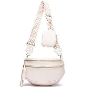 KUNKUN Sac à Bandoulière pour Femme Beige 5cm Large sangle Sac Banane femme Petit Sac a Main Femmes Bandoulieres en Cuir Végétalien Avec Porte Monnaie Amovible