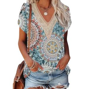 PLOKNRD T-Shirts à Manches Courtes Femme D'été Blouse Chic et Elégant Chemisier Col en V avec Dentelle Tops 2XL Imprimé Vert