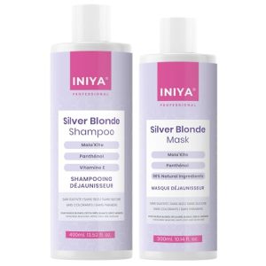 Shampooing Déjaunisseur & Soin Déjaunisseur Sans Sulfate ni Silicone | Iniya Silver Blonde Kit | Shampooing Bleu Violet et Masque Bleu | Cheveux Blonds, Gris, Décolorés ou Méchés | Marque Française