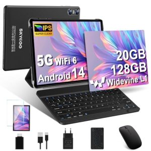 Tablette Android 14 avec 5G Wi-Fi 6, 20 GO RAM+128 GO ROM (Extensible Jusqu'à 1 To), Tablette Tactile avec Widevine L1, 8 Cœurs, 5MP+8MP, 6000mAh, Tablette 10 Pouces avec Clavier+Souris et Cas, Noir