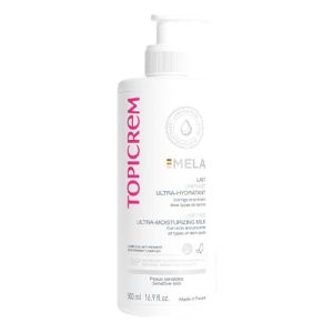 Topicrem - Lait corporel ultra hydratant Mela - Hydrate 24 heures uniformément, corrige et prévient les taches - Texture liquide, parfum floral - Peau sensible - 500 ml (l'emballage peut varier)