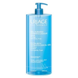 Uriage Gel Surgras Nettoyant Extra-Riche - Peau Sensible - Préserve le Film Hydrolipidique de la Peau - Gel Moussant Frais - Nettoie sans Assécher - Visage & Corps - Sans savon, pH physiologique - 1L